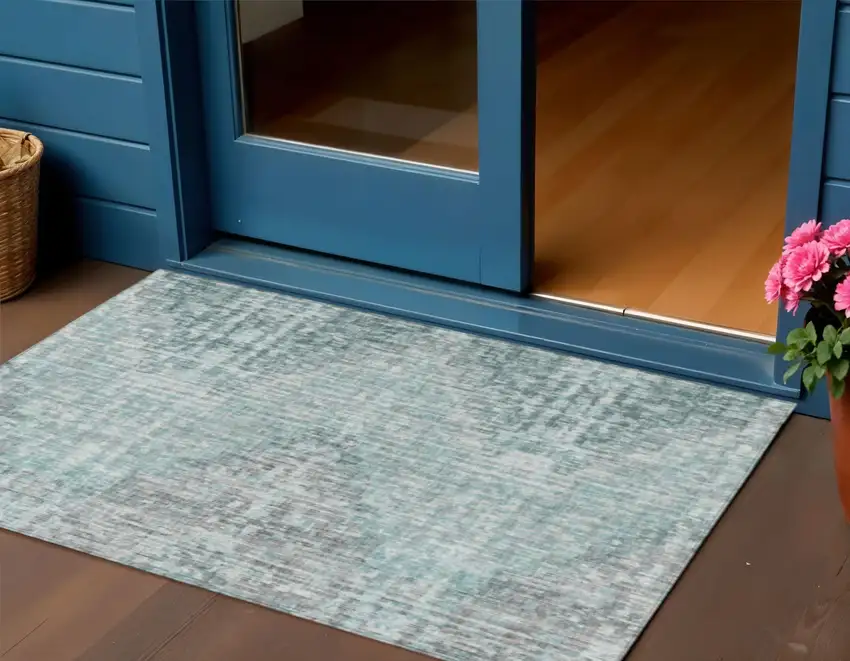 Teal Blue And Ivory Geometric Washable Indoor Outdoor Area Rug Photo 2