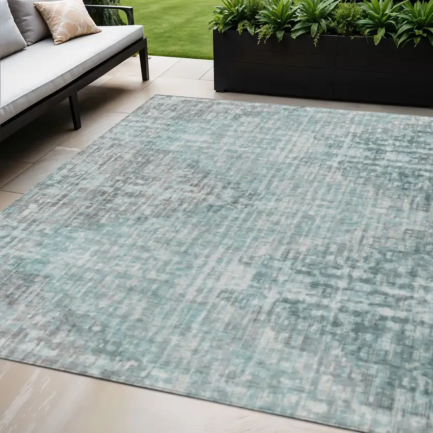 Teal Blue And Ivory Geometric Washable Indoor Outdoor Area Rug Photo 2