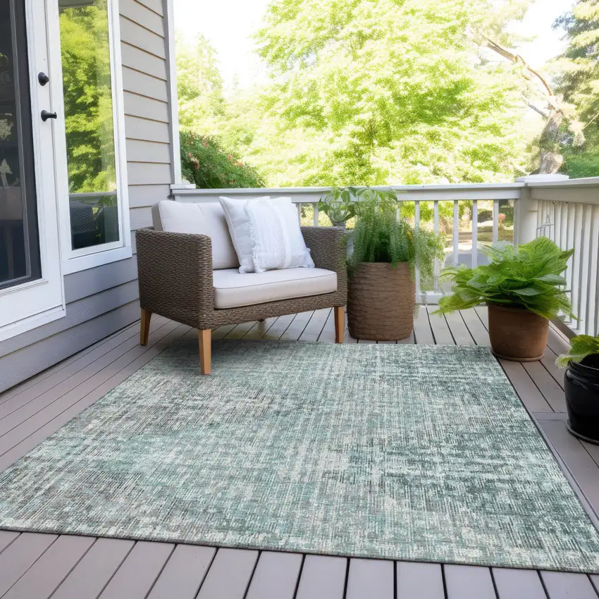 Teal Blue And Ivory Geometric Washable Indoor Outdoor Area Rug Photo 8