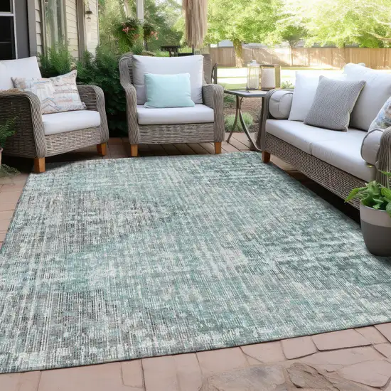 Teal Blue And Ivory Geometric Washable Indoor Outdoor Area Rug Photo 5