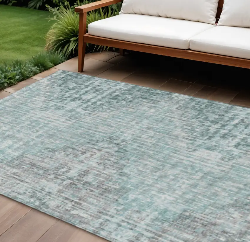 Teal Blue And Ivory Geometric Washable Indoor Outdoor Area Rug Photo 2