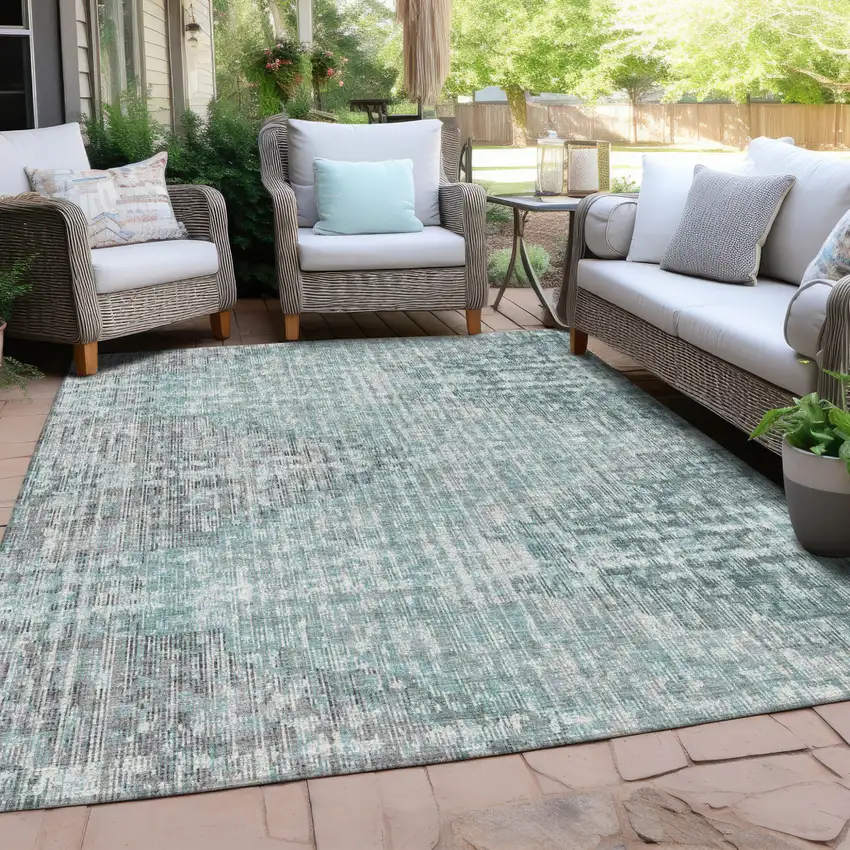 Teal Blue And Ivory Geometric Washable Indoor Outdoor Area Rug Photo 5