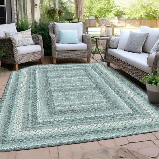 Teal Blue And Ivory Geometric Washable Indoor Outdoor Area Rug Photo 5