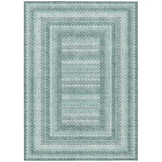 Teal Blue And Ivory Geometric Washable Indoor Outdoor Area Rug Photo 1