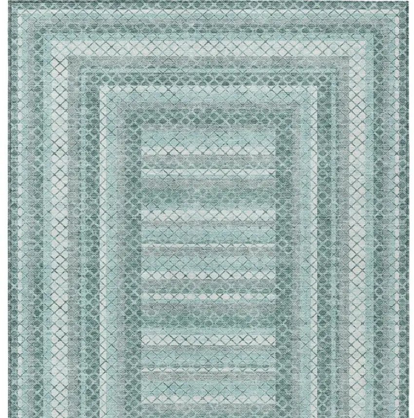 Teal Blue And Ivory Geometric Washable Indoor Outdoor Area Rug Photo 4