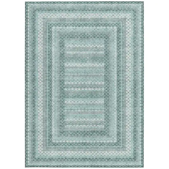 Teal Blue And Ivory Geometric Washable Indoor Outdoor Area Rug Photo 3