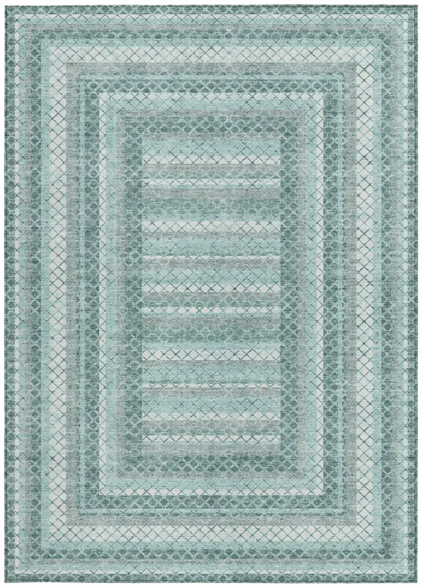 Teal Blue And Ivory Geometric Washable Indoor Outdoor Area Rug Photo 3