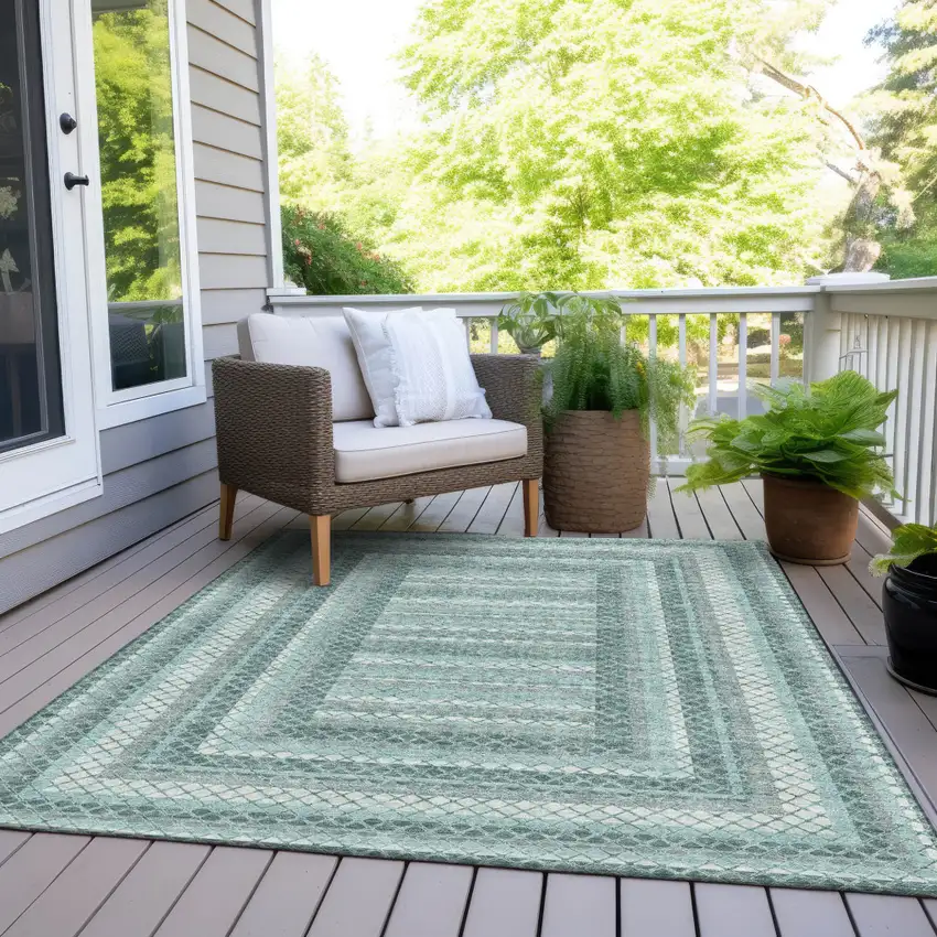 Teal Blue And Ivory Geometric Washable Indoor Outdoor Area Rug Photo 8