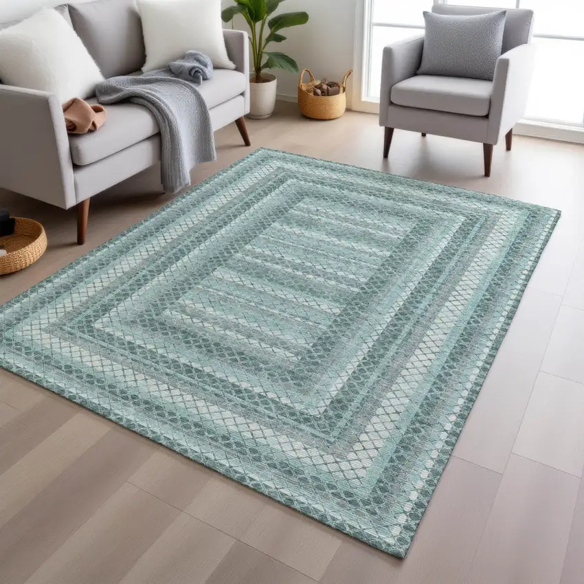 Teal Blue And Ivory Geometric Washable Indoor Outdoor Area Rug Photo 6