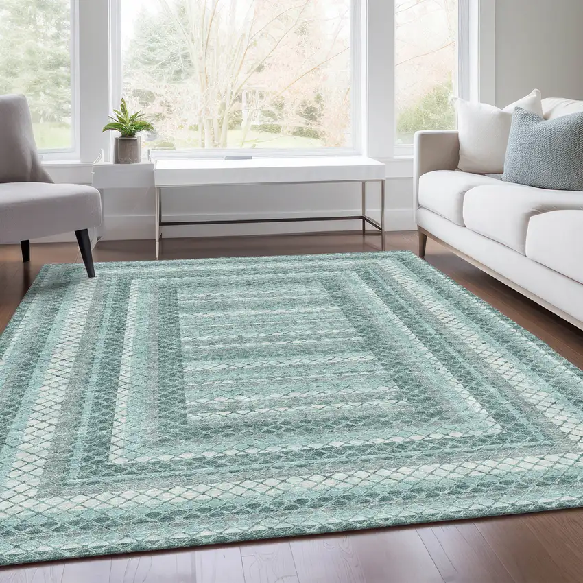 Teal Blue And Ivory Geometric Washable Indoor Outdoor Area Rug Photo 7