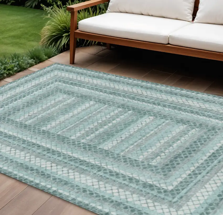 Teal Blue And Ivory Geometric Washable Indoor Outdoor Area Rug Photo 2