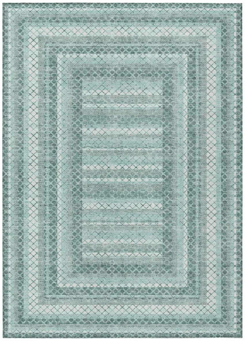 Teal Blue And Ivory Geometric Washable Indoor Outdoor Area Rug Photo 1