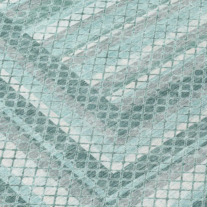 Teal Blue And Ivory Geometric Washable Indoor Outdoor Area Rug Photo 9