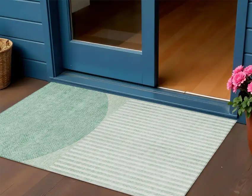 Teal Blue And Ivory Geometric Washable Indoor Outdoor Area Rug Photo 2