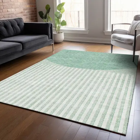 Teal Blue And Ivory Geometric Washable Indoor Outdoor Area Rug Photo 7