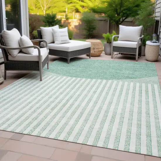 Teal Blue And Ivory Geometric Washable Indoor Outdoor Area Rug Photo 9