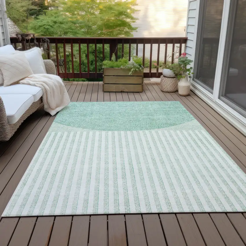 Teal Blue And Ivory Geometric Washable Indoor Outdoor Area Rug Photo 6