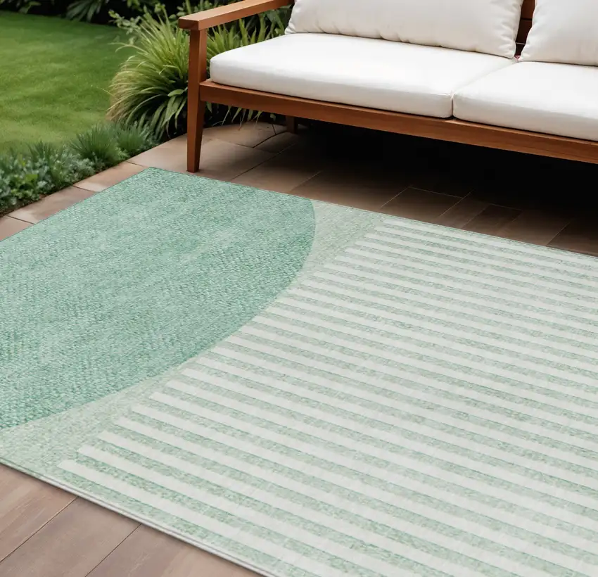 Teal Blue And Ivory Geometric Washable Indoor Outdoor Area Rug Photo 2