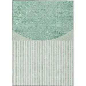 Photo of Teal Blue And Ivory Geometric Washable Indoor Outdoor Area Rug