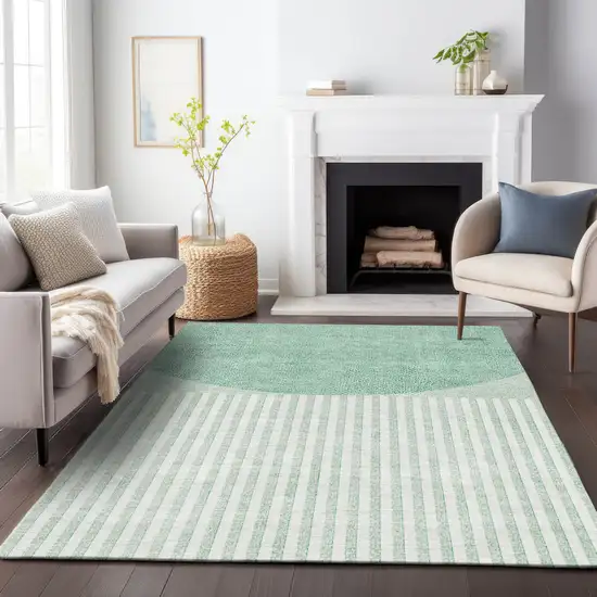 Teal Blue And Ivory Geometric Washable Indoor Outdoor Area Rug Photo 8