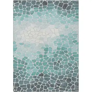 Photo of Teal Blue And Ivory Geometric Washable Indoor Outdoor Area Rug