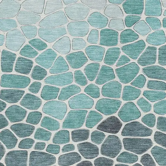 Teal Blue And Ivory Geometric Washable Indoor Outdoor Area Rug Photo 4