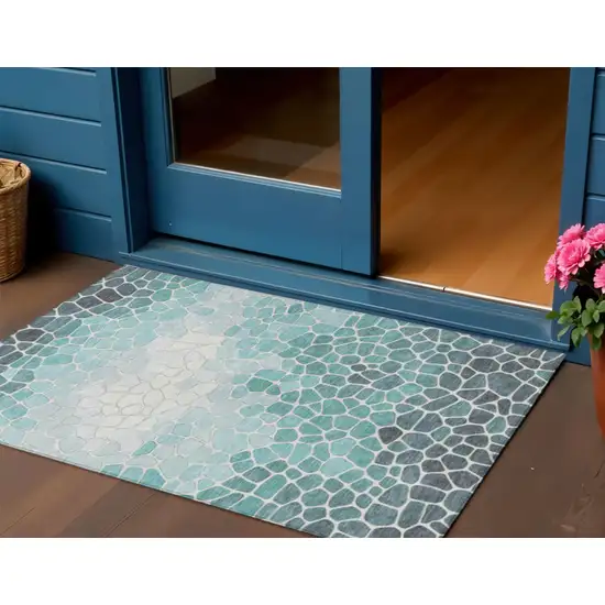 Teal Blue And Ivory Geometric Washable Indoor Outdoor Area Rug Photo 2