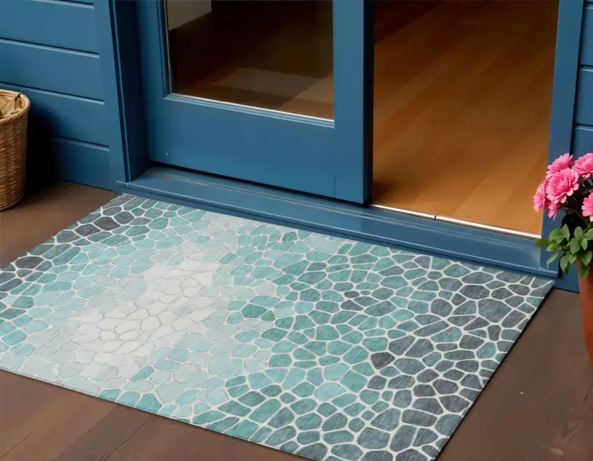 Teal Blue And Ivory Geometric Washable Indoor Outdoor Area Rug Photo 2