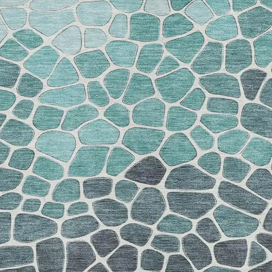 Teal Blue And Ivory Geometric Washable Indoor Outdoor Area Rug Photo 5