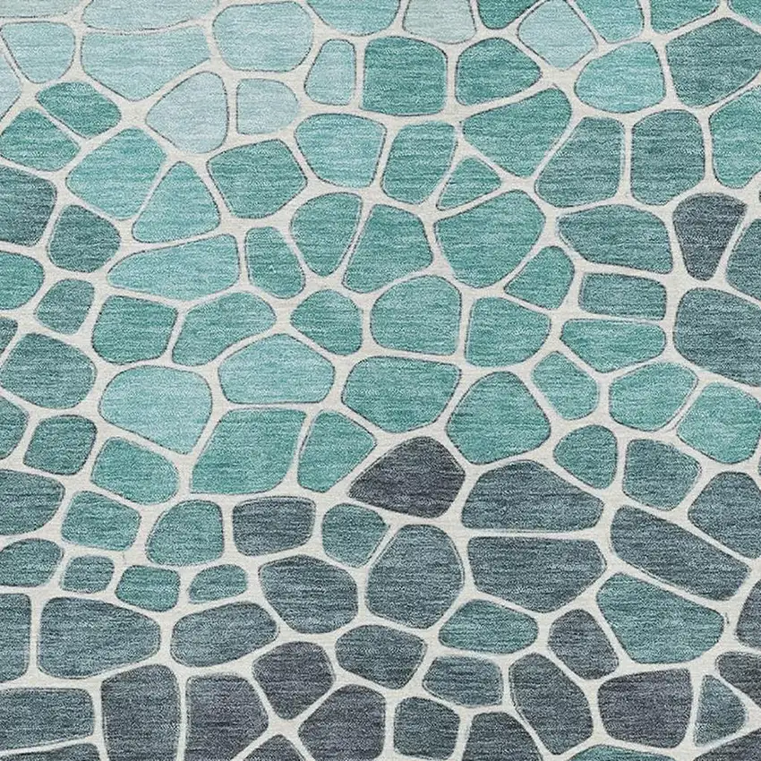 Teal Blue And Ivory Geometric Washable Indoor Outdoor Area Rug Photo 5