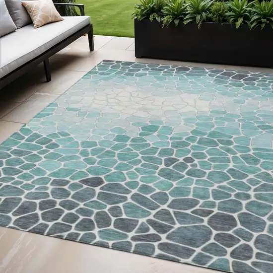 Teal Blue And Ivory Geometric Washable Indoor Outdoor Area Rug Photo 2