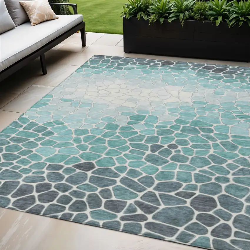 Teal Blue And Ivory Geometric Washable Indoor Outdoor Area Rug Photo 2