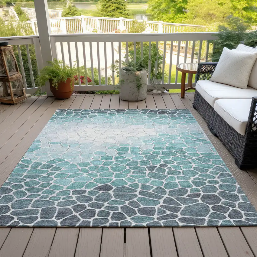Teal Blue And Ivory Geometric Washable Indoor Outdoor Area Rug Photo 6