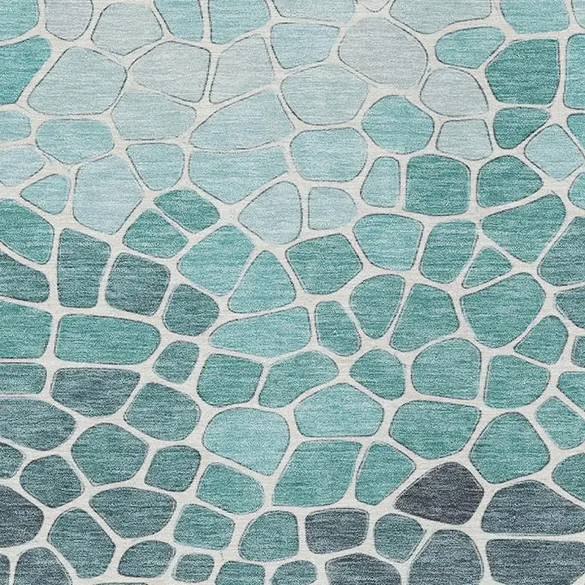 Teal Blue And Ivory Geometric Washable Indoor Outdoor Area Rug Photo 4
