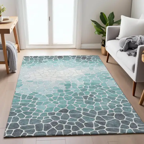 Teal Blue And Ivory Geometric Washable Indoor Outdoor Area Rug Photo 7