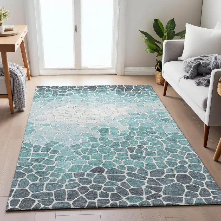 Teal Blue And Ivory Geometric Washable Indoor Outdoor Area Rug Photo 7