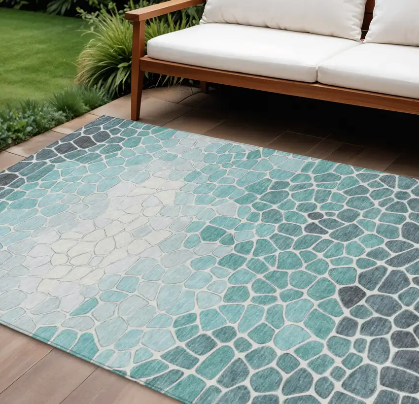 Teal Blue And Ivory Geometric Washable Indoor Outdoor Area Rug Photo 2