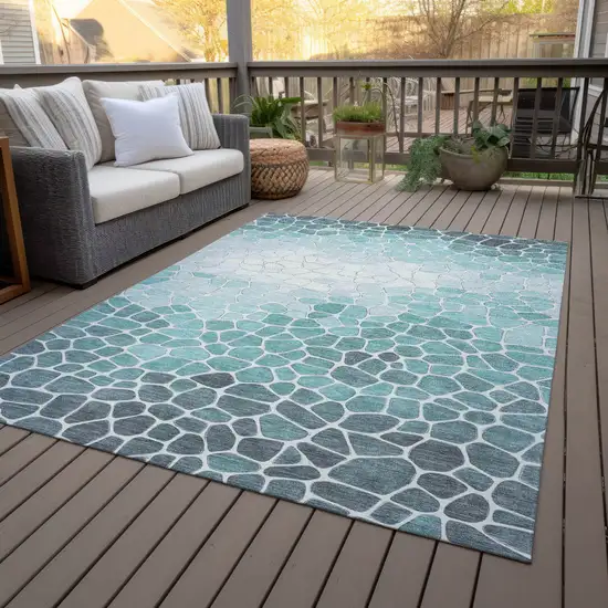 Teal Blue And Ivory Geometric Washable Indoor Outdoor Area Rug Photo 9