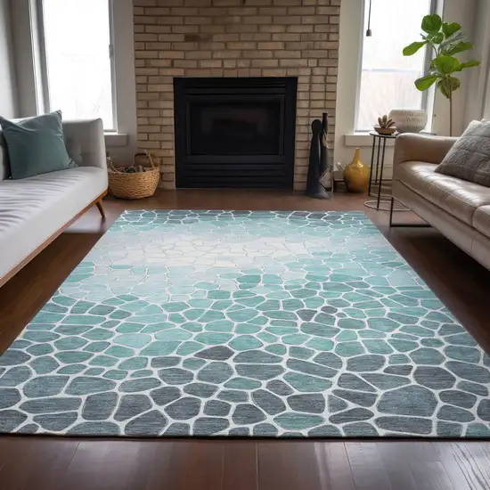 Teal Blue And Ivory Geometric Washable Indoor Outdoor Area Rug Photo 8