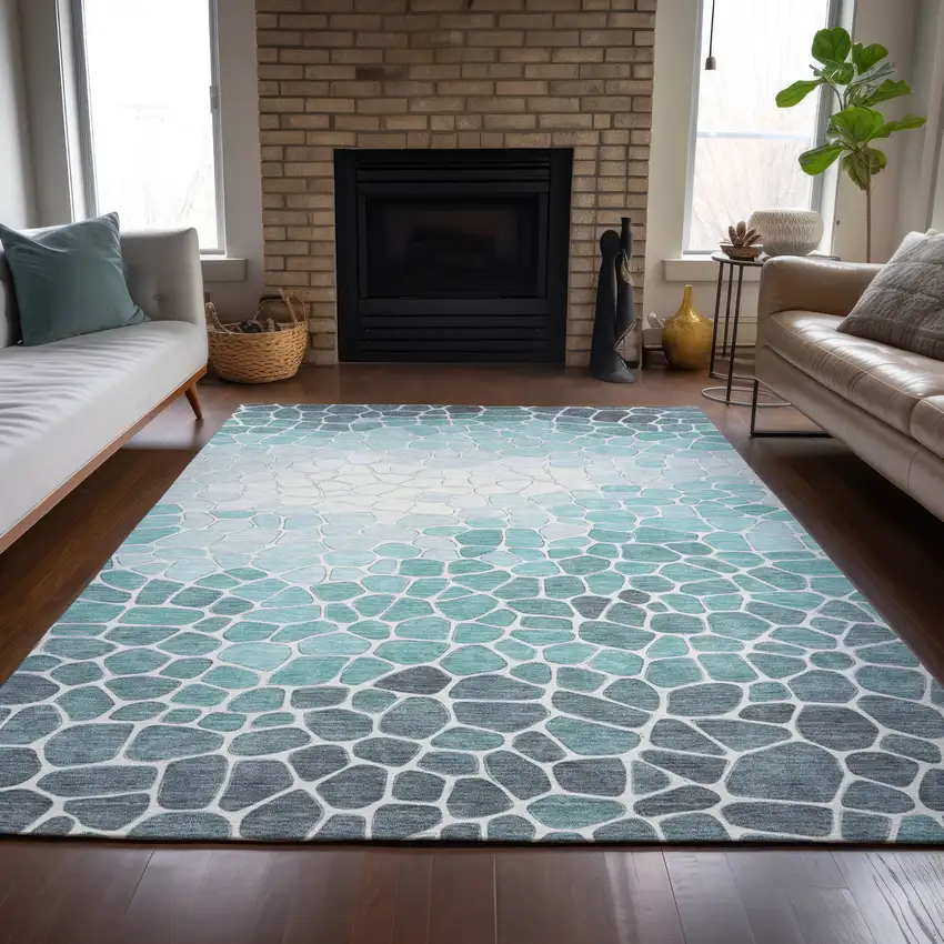 Teal Blue And Ivory Geometric Washable Indoor Outdoor Area Rug Photo 8