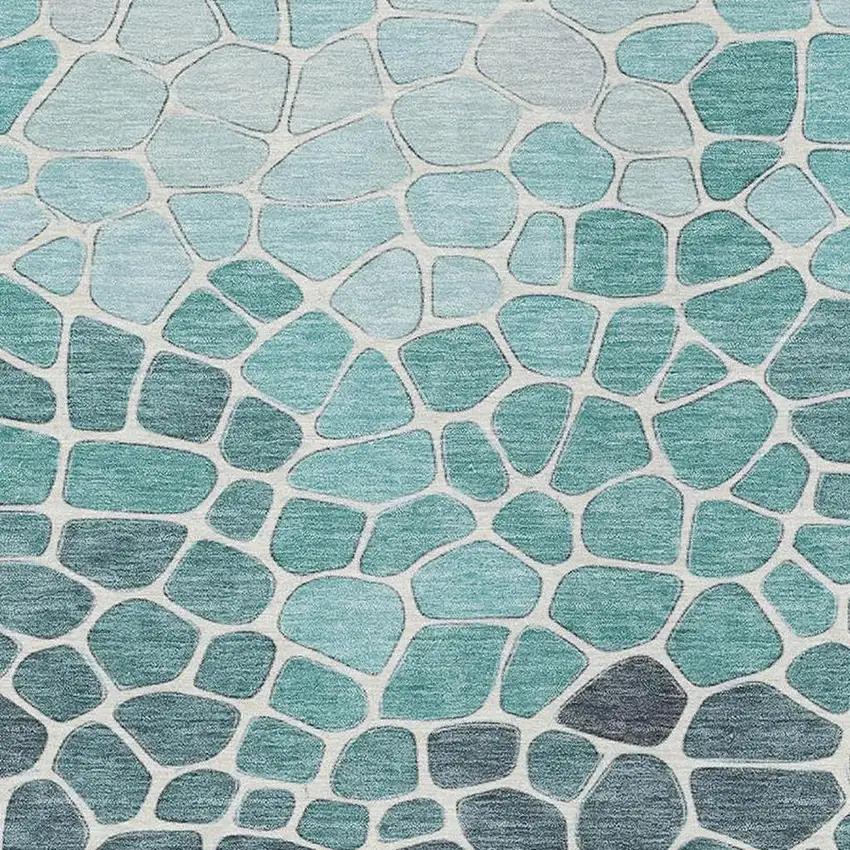 Teal Blue And Ivory Geometric Washable Indoor Outdoor Area Rug Photo 4