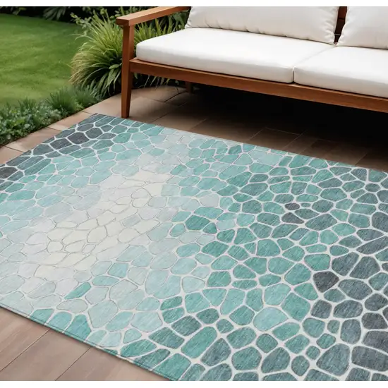 Teal Blue And Ivory Geometric Washable Indoor Outdoor Area Rug Photo 2