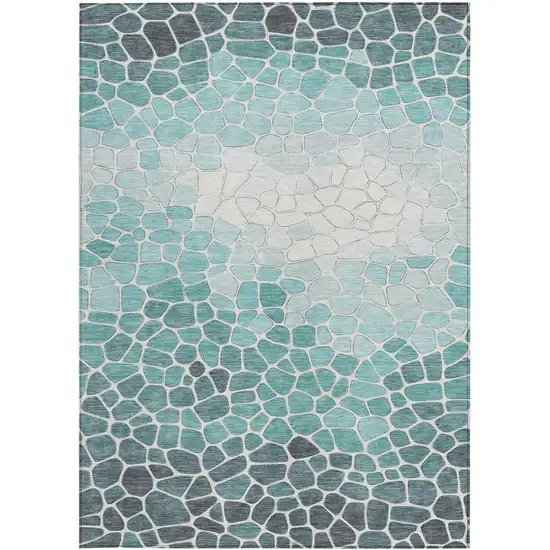 Teal Blue And Ivory Geometric Washable Indoor Outdoor Area Rug Photo 3