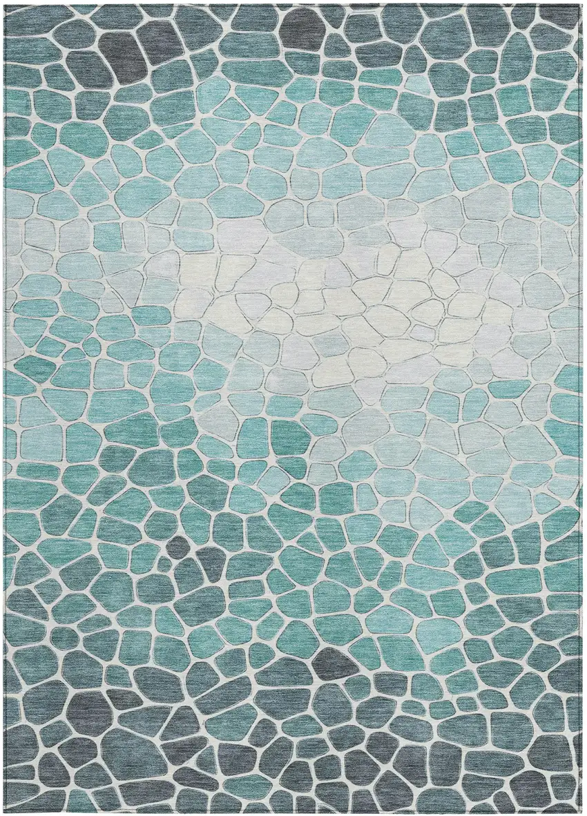 Teal Blue And Ivory Geometric Washable Indoor Outdoor Area Rug Photo 3