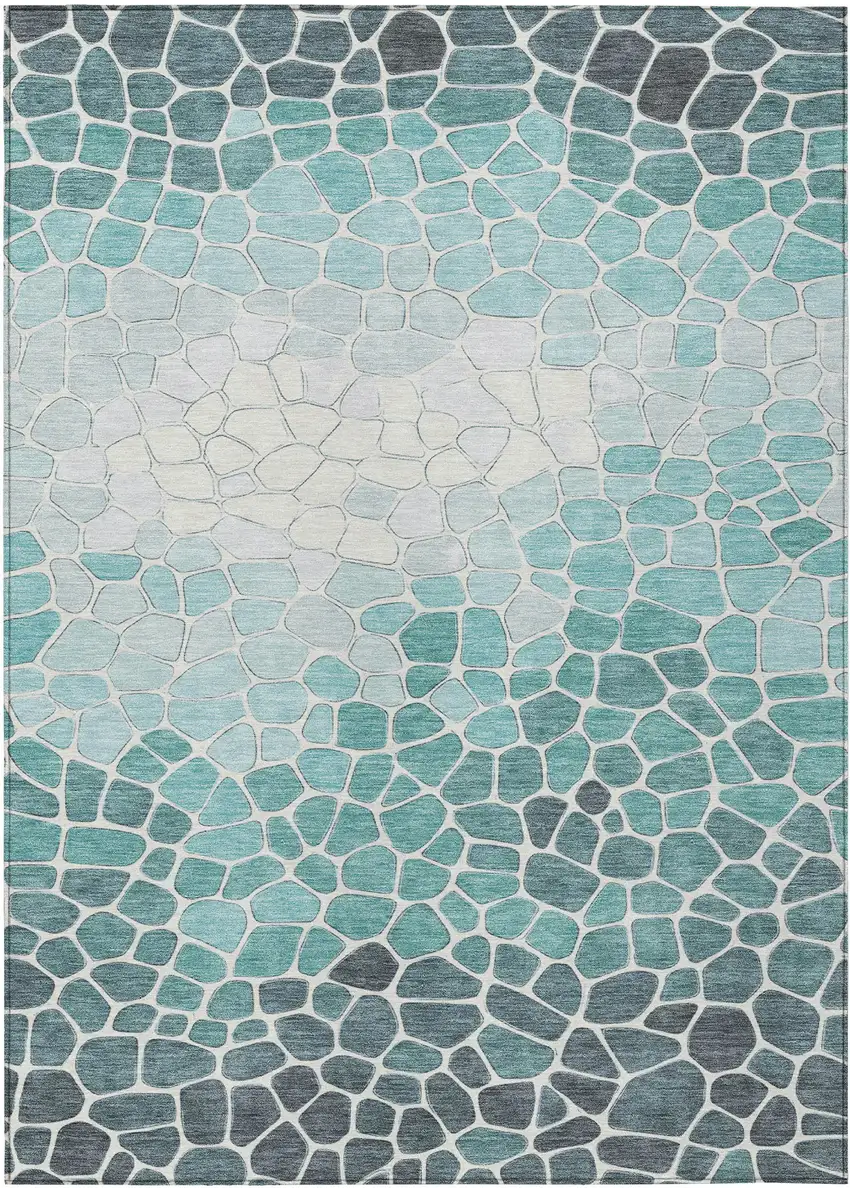 Teal Blue And Ivory Geometric Washable Indoor Outdoor Area Rug Photo 1