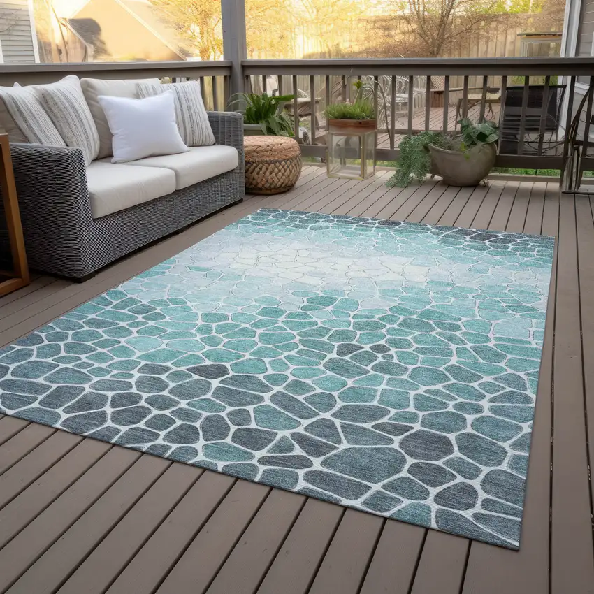 Teal Blue And Ivory Geometric Washable Indoor Outdoor Area Rug Photo 9