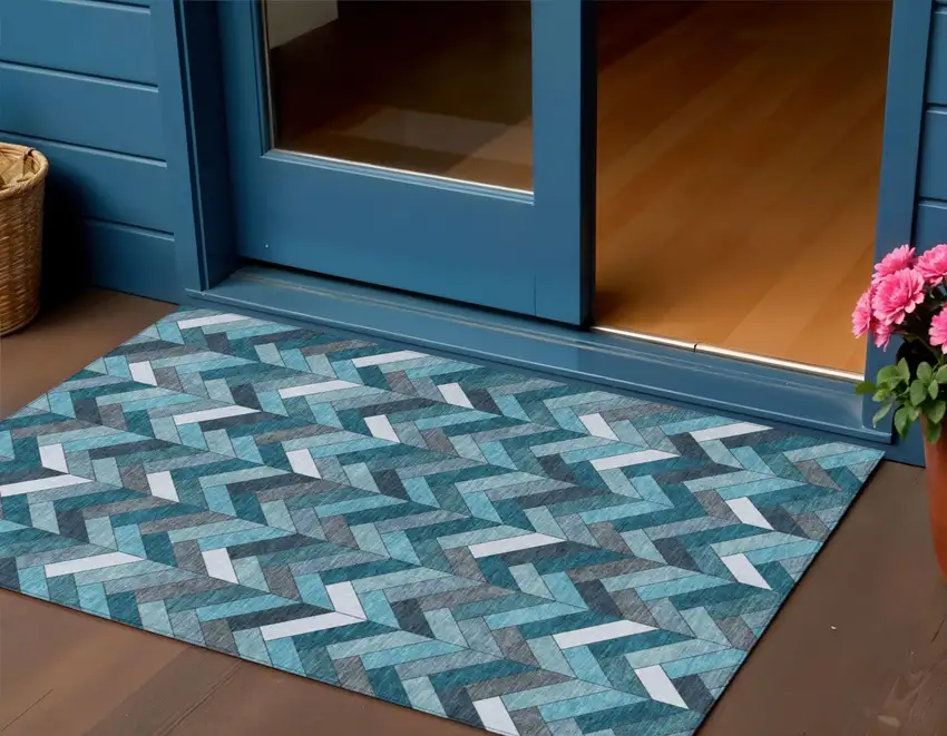 Teal Blue And Ivory Geometric Washable Indoor Outdoor Area Rug Photo 1