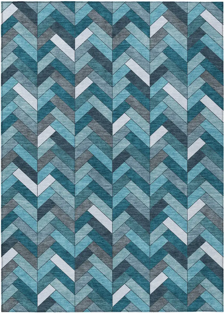Teal Blue And Ivory Geometric Washable Indoor Outdoor Area Rug Photo 2