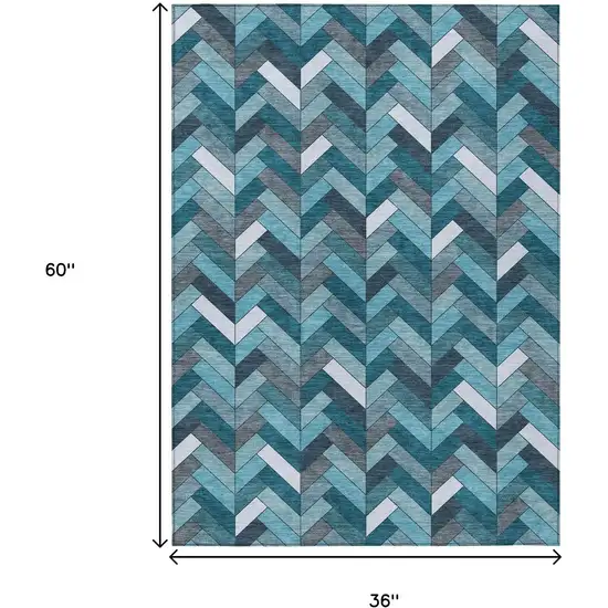 Teal Blue And Ivory Geometric Washable Indoor Outdoor Area Rug Photo 3