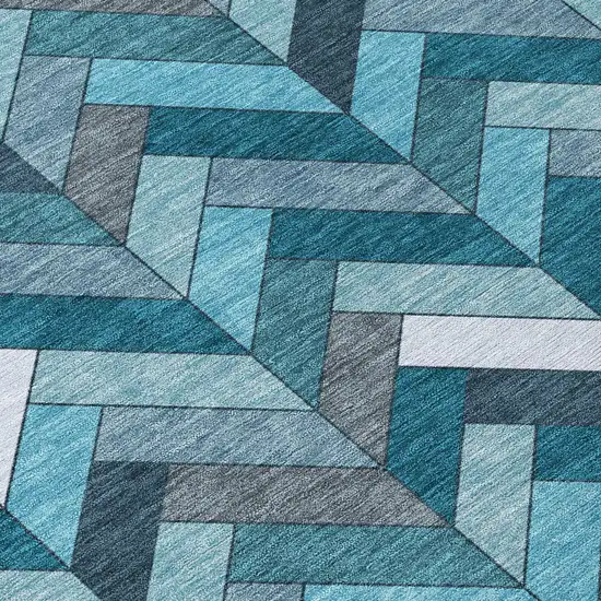 Teal Blue And Ivory Geometric Washable Indoor Outdoor Area Rug Photo 7